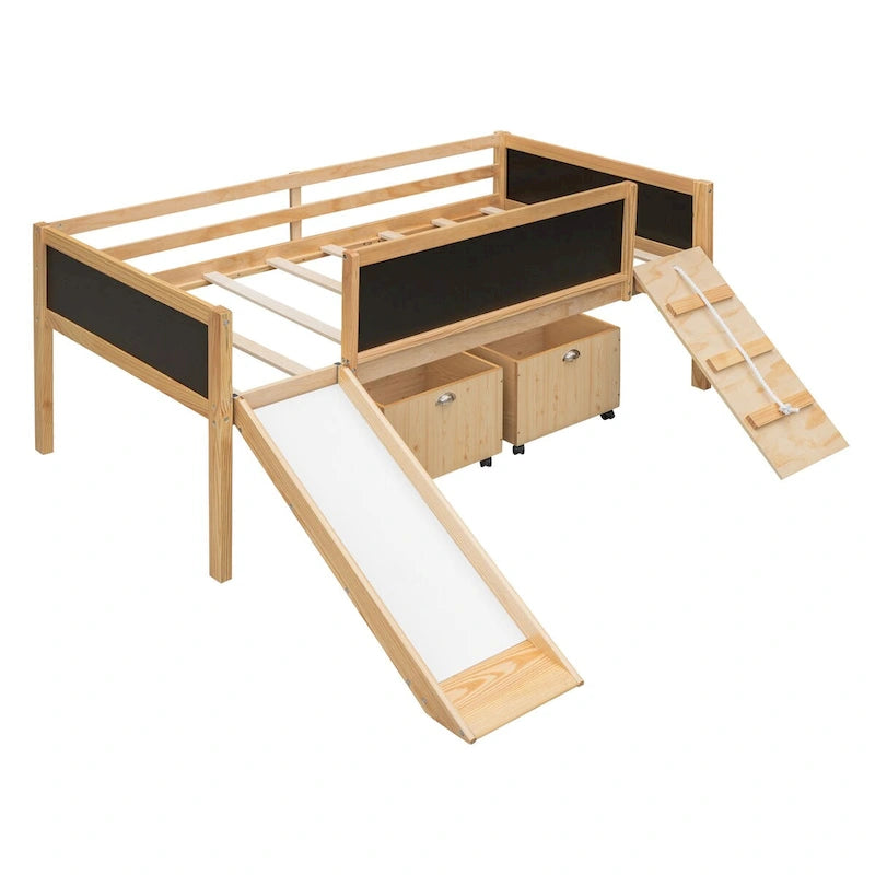 Cama baja tipo loft para niños gemelos con tobogán, estructura para trepar, panel de pizarra y 2 cajas de almacenamiento con ruedas, espresso natural gris blanco