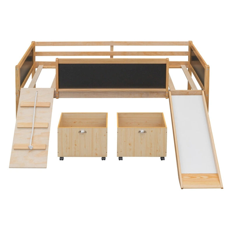 Cama baja tipo loft para niños gemelos con tobogán, estructura para trepar, panel de pizarra y 2 cajas de almacenamiento con ruedas, espresso natural gris blanco