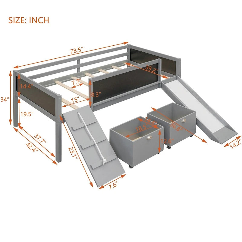 Cama baja tipo loft para niños gemelos con tobogán, estructura para trepar, panel de pizarra y 2 cajas de almacenamiento con ruedas, espresso natural gris blanco