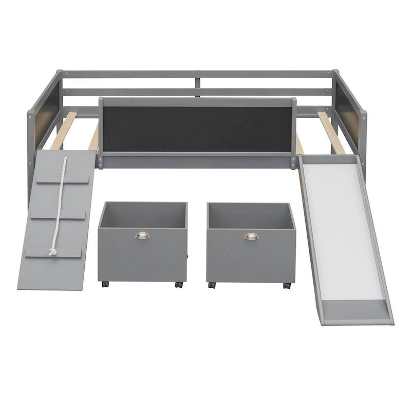 Cama baja tipo loft para niños gemelos con tobogán, estructura para trepar, panel de pizarra y 2 cajas de almacenamiento con ruedas, espresso natural gris blanco