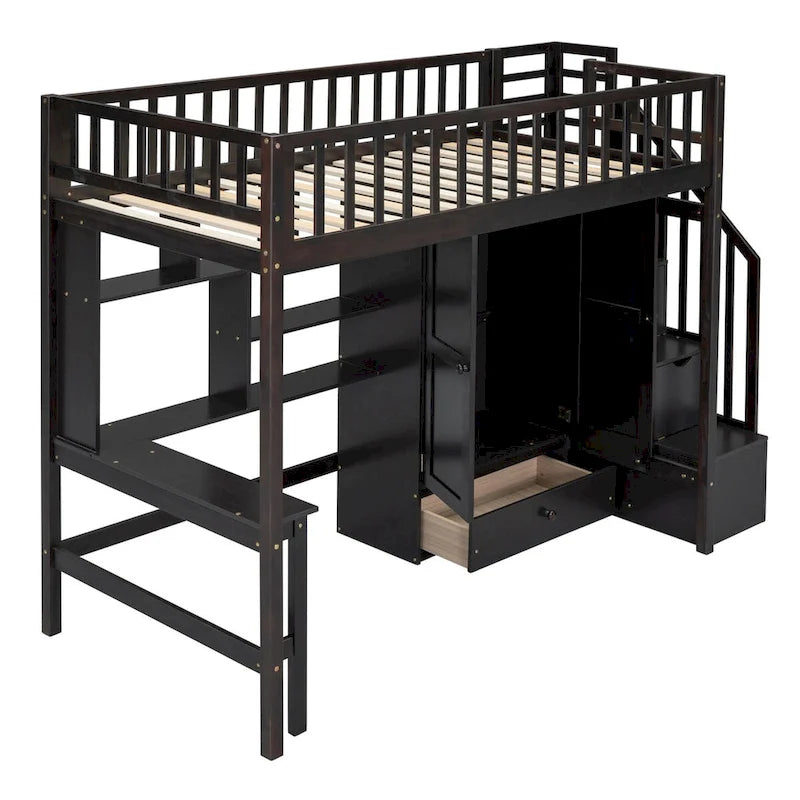 Twin Solid Wood Loft Bed with Desk, Staircase Storage and Wardrobe, White Gray Espresso