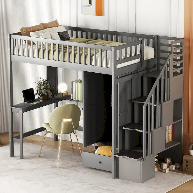 Twin Solid Wood Loft Bed with Desk, Staircase Storage and Wardrobe, White Gray Espresso