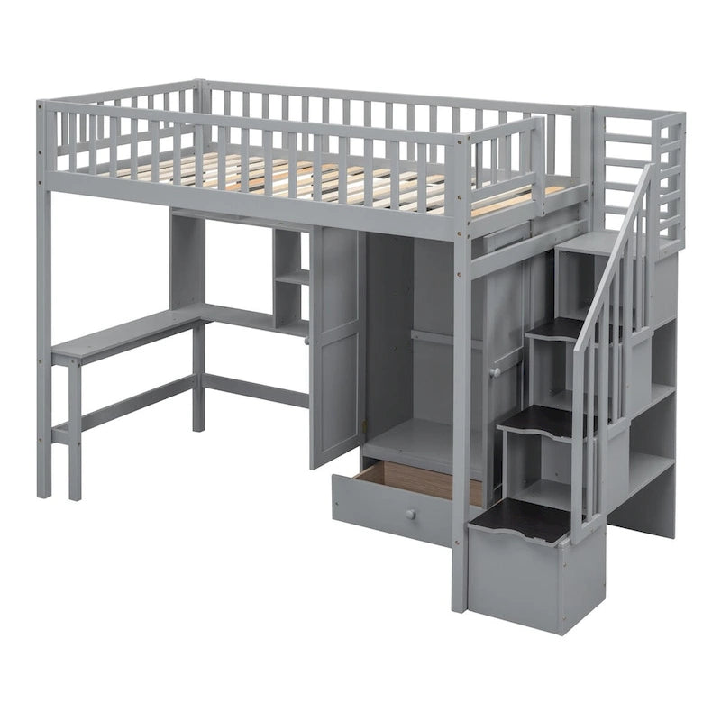 Twin Solid Wood Loft Bed with Desk, Staircase Storage and Wardrobe, White Gray Espresso