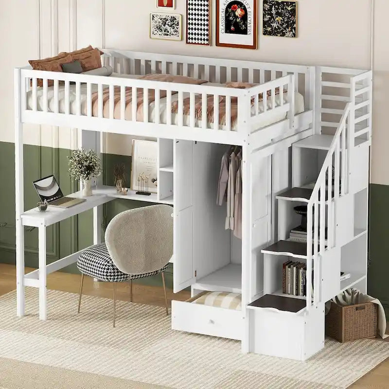 Twin Solid Wood Loft Bed with Desk, Staircase Storage and Wardrobe, White Gray Espresso