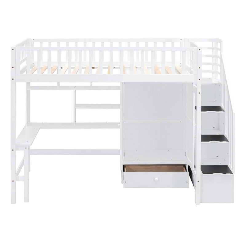 Twin Solid Wood Loft Bed with Desk, Staircase Storage and Wardrobe, White Gray Espresso