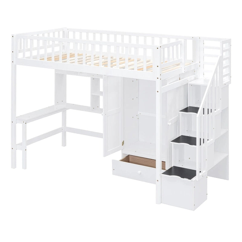 Twin Solid Wood Loft Bed with Desk, Staircase Storage and Wardrobe, White Gray Espresso