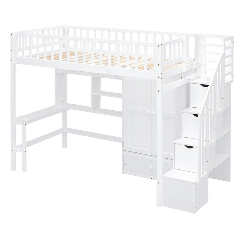 Twin Solid Wood Loft Bed with Desk, Staircase Storage and Wardrobe, White Gray Espresso