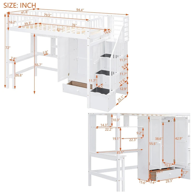 Twin Solid Wood Loft Bed with Desk, Staircase Storage and Wardrobe, White Gray Espresso