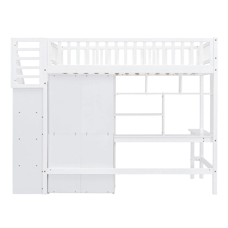 Twin Solid Wood Loft Bed with Desk, Staircase Storage and Wardrobe, White Gray Espresso