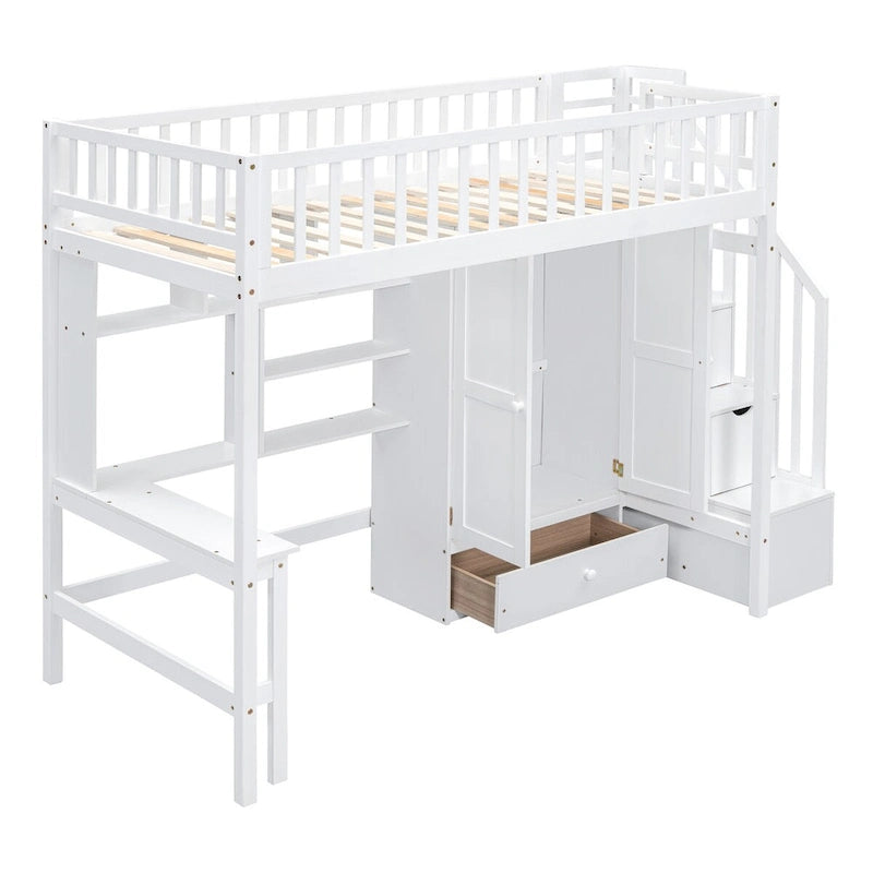 Twin Solid Wood Loft Bed with Desk, Staircase Storage and Wardrobe, White Gray Espresso