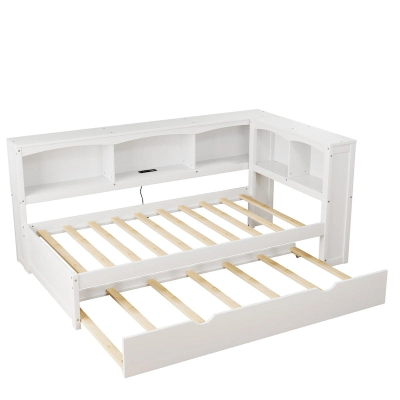 Lit banquette Twin en pin avec lit gigogne, armoires de rangement et ports de charge USB, bois blanc