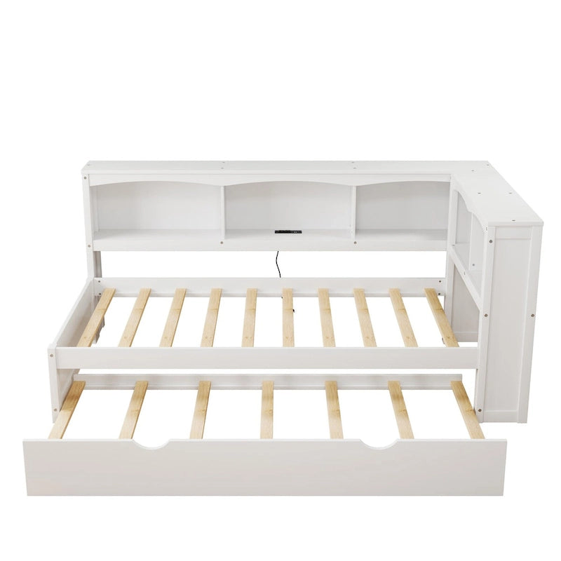 Lit banquette Twin en pin avec lit gigogne, armoires de rangement et ports de charge USB, bois blanc