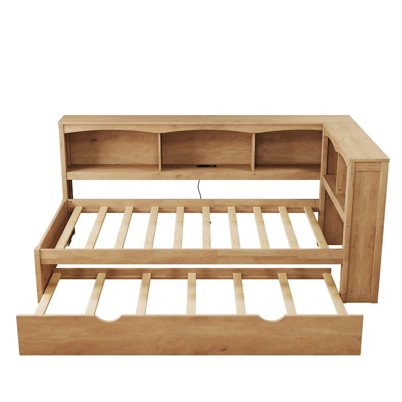Sofá cama Twin de pino con cama nido, armarios de almacenamiento y puertos de carga USB, madera blanco