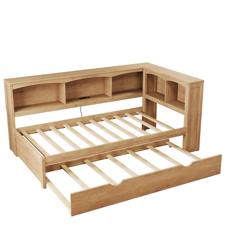 Lit banquette Twin en pin avec lit gigogne, armoires de rangement et ports de charge USB, bois blanc