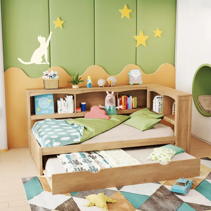 Sofá cama Twin de pino con cama nido, armarios de almacenamiento y puertos de carga USB, madera blanco