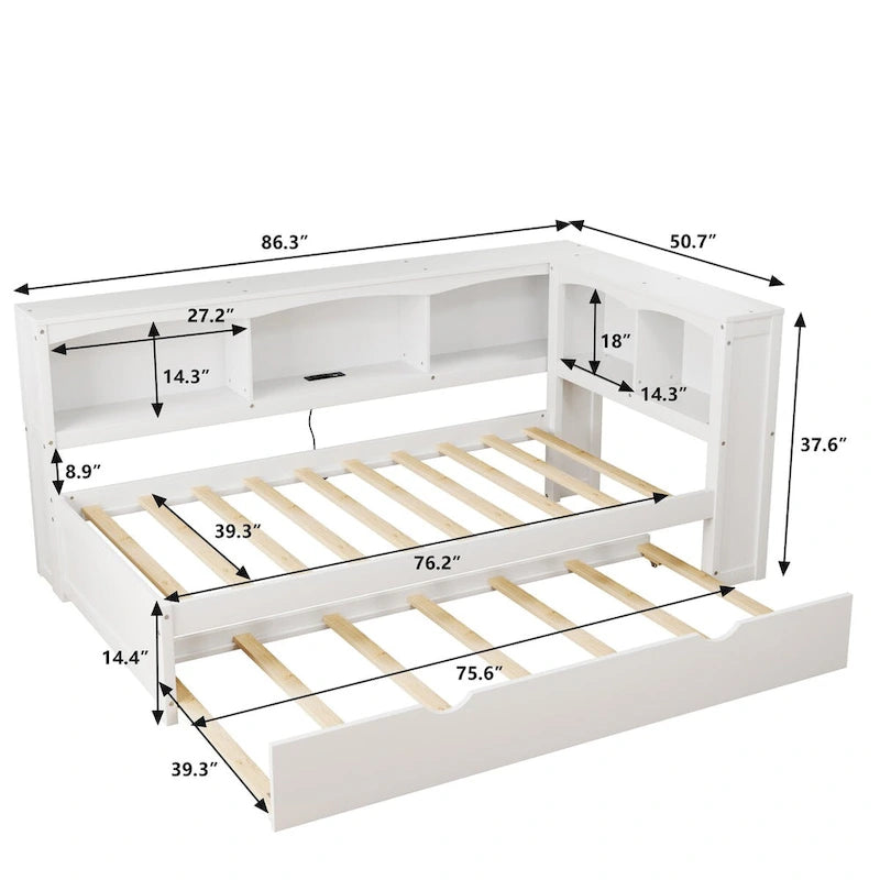 Sofá cama Twin de pino con cama nido, armarios de almacenamiento y puertos de carga USB, madera blanco