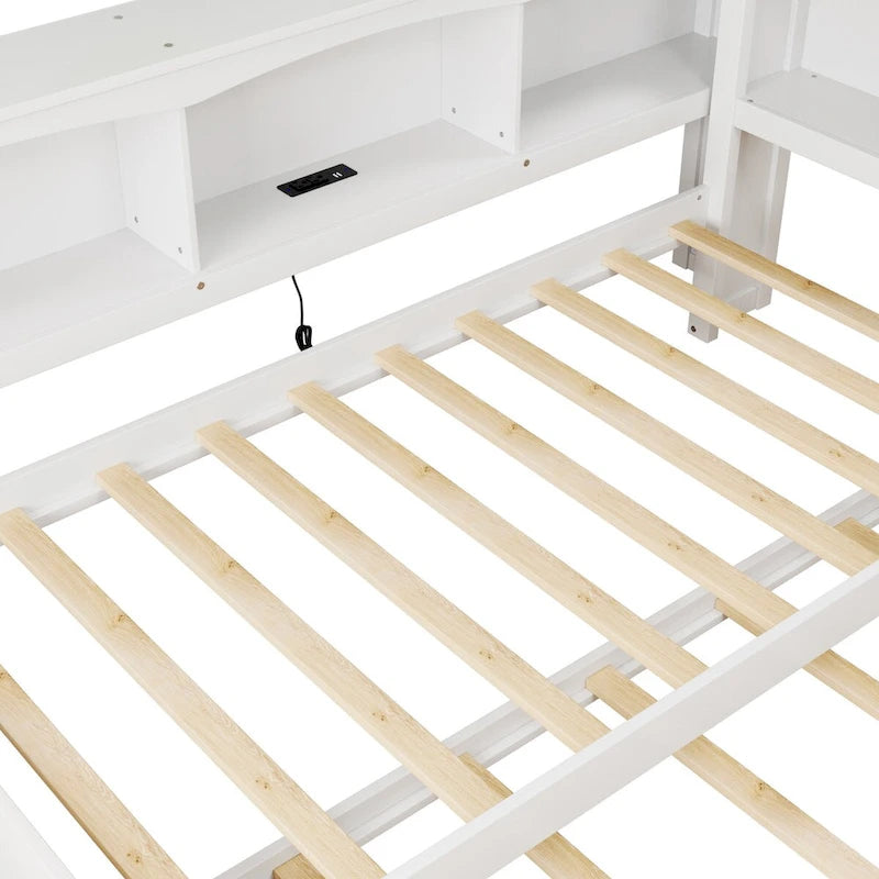 Sofá cama Twin de pino con cama nido, armarios de almacenamiento y puertos de carga USB, madera blanco
