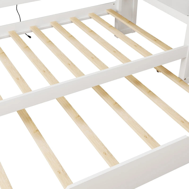 Sofá cama Twin de pino con cama nido, armarios de almacenamiento y puertos de carga USB, madera blanco