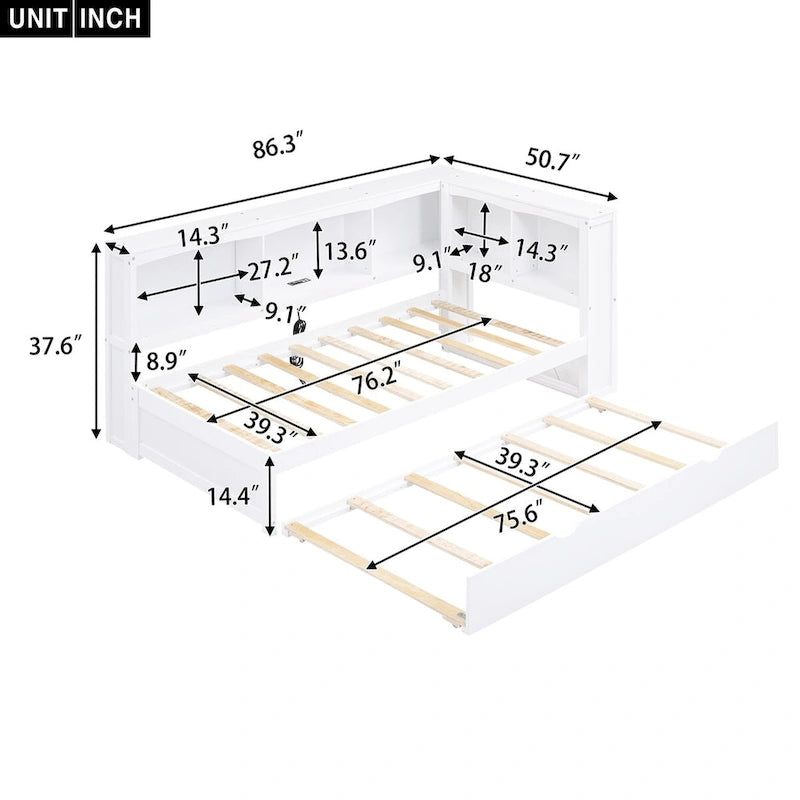 Sofá cama Twin de pino con cama nido, armarios de almacenamiento y puertos de carga USB, madera blanco