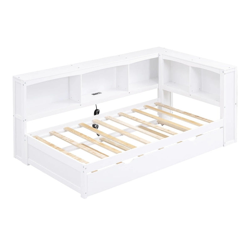 Sofá cama Twin de pino con cama nido, armarios de almacenamiento y puertos de carga USB, madera blanco
