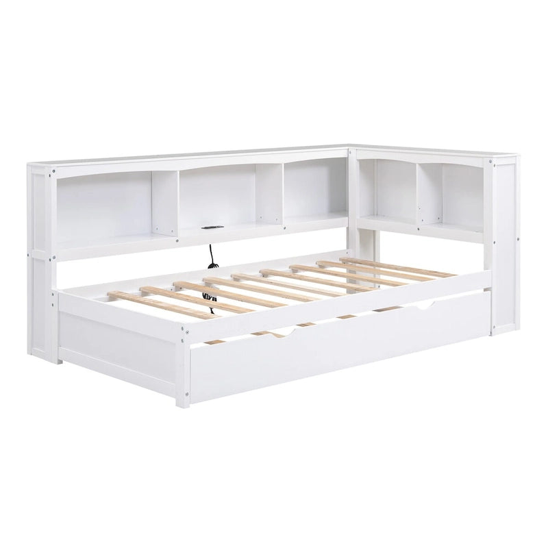 Sofá cama Twin de pino con cama nido, armarios de almacenamiento y puertos de carga USB, madera blanco