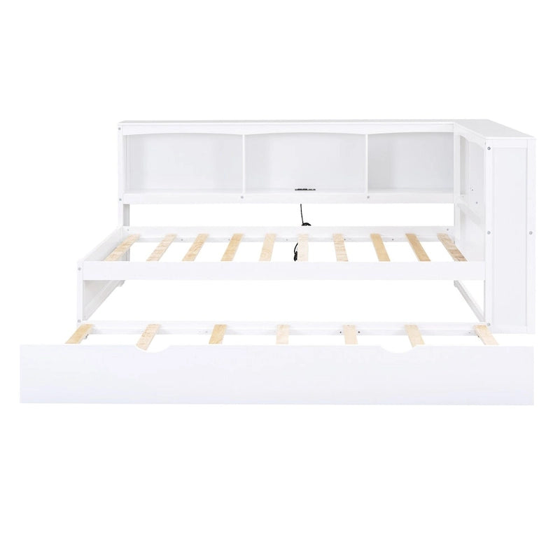 Sofá cama Twin de pino con cama nido, armarios de almacenamiento y puertos de carga USB, madera blanco