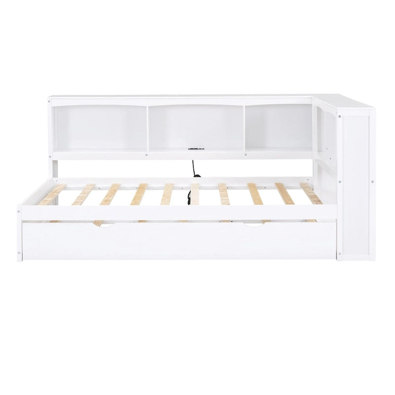 Sofá cama Twin de pino con cama nido, armarios de almacenamiento y puertos de carga USB, madera blanco