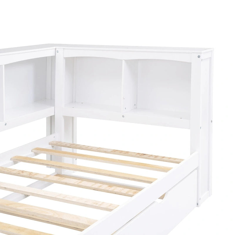 Sofá cama Twin de pino con cama nido, armarios de almacenamiento y puertos de carga USB, madera blanco