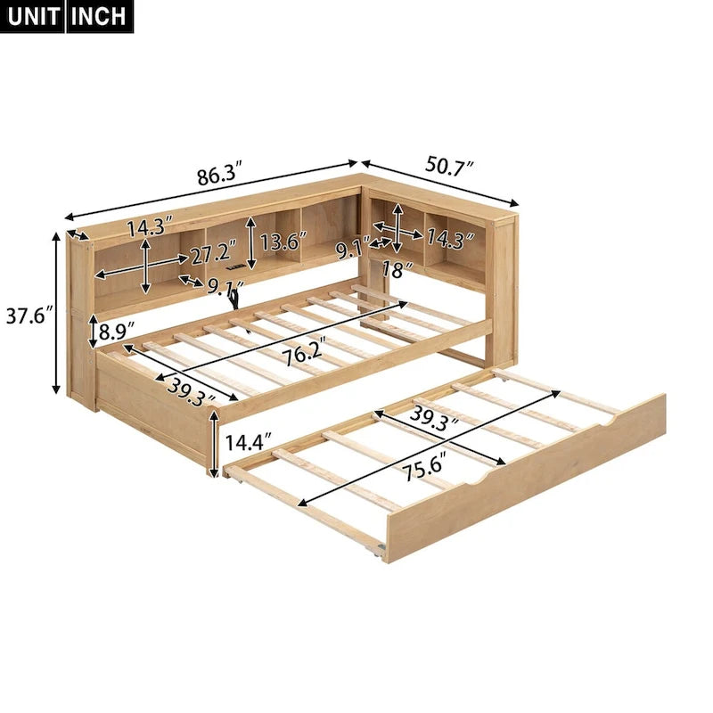 Sofá cama Twin de pino con cama nido, armarios de almacenamiento y puertos de carga USB, madera blanco