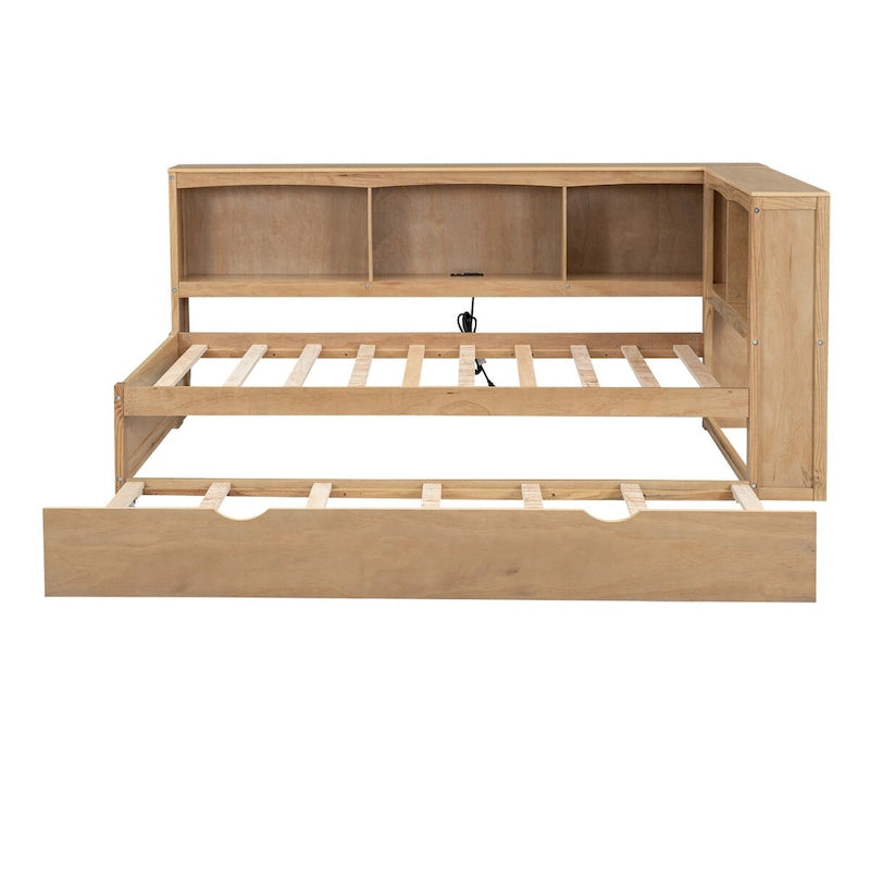Sofá cama Twin de pino con cama nido, armarios de almacenamiento y puertos de carga USB, madera blanco