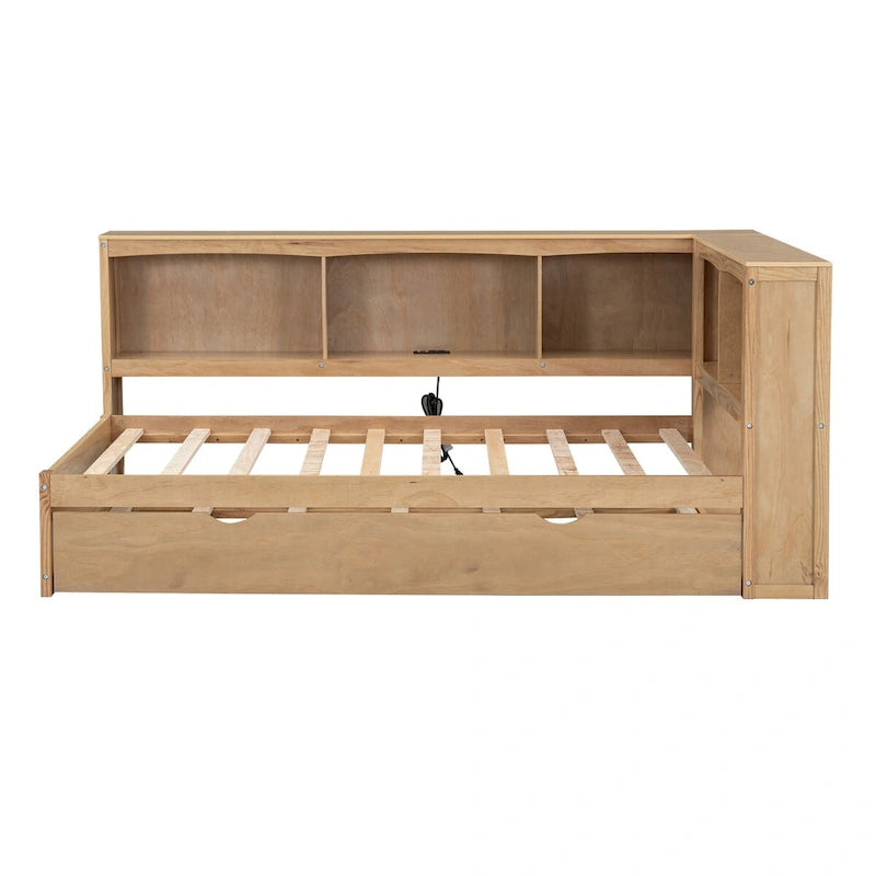 Sofá cama Twin de pino con cama nido, armarios de almacenamiento y puertos de carga USB, madera blanco