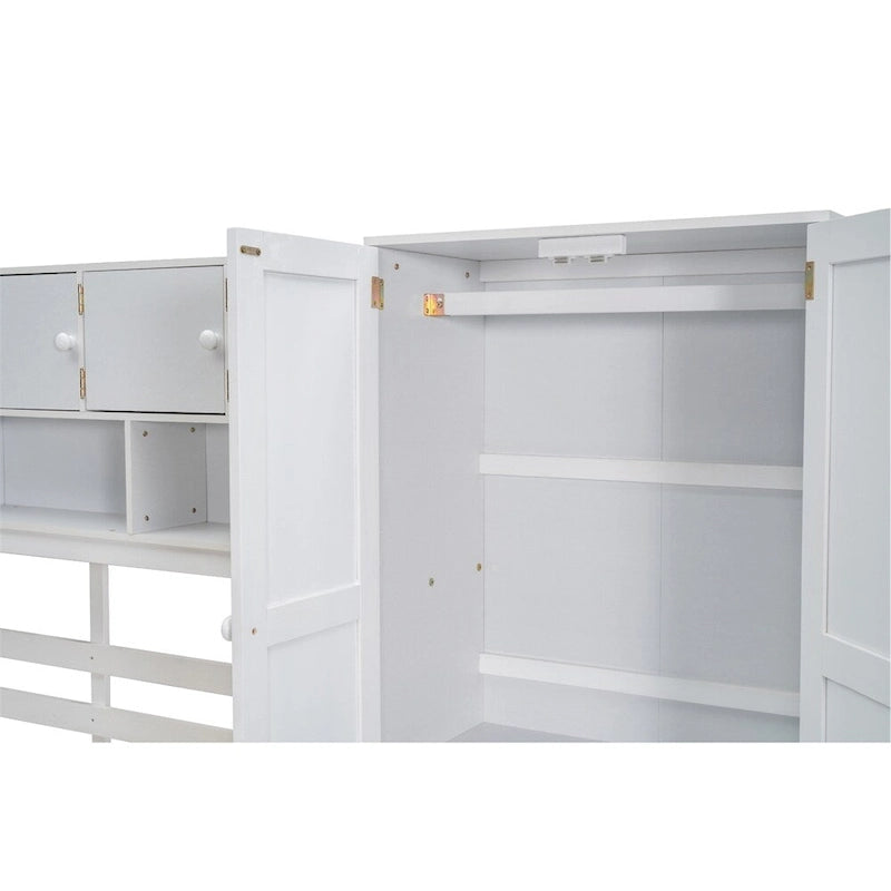 Full Size Wood Loft Bed with Rolling Desk, Wardrobe, Storage Staircase and Headboard Shelves, White Gray
