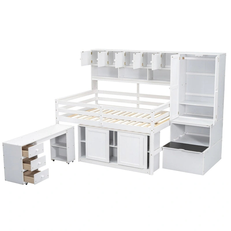 Full Size Wood Loft Bed with Rolling Desk, Wardrobe, Storage Staircase and Headboard Shelves, White Gray