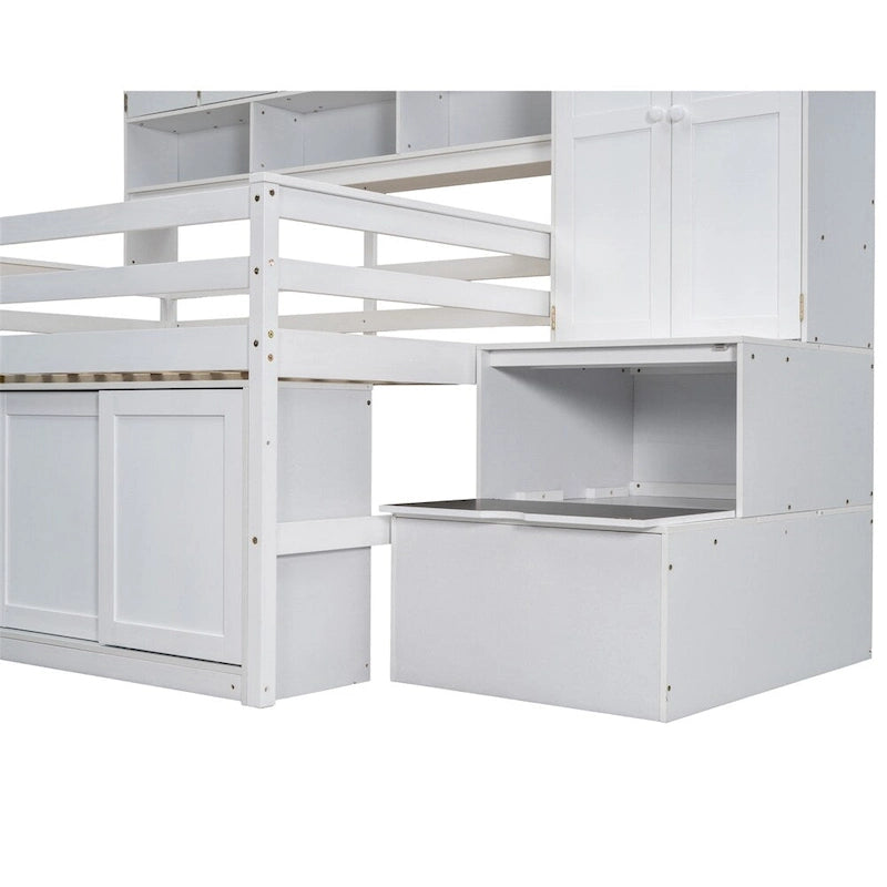 Full Size Wood Loft Bed with Rolling Desk, Wardrobe, Storage Staircase and Headboard Shelves, White Gray