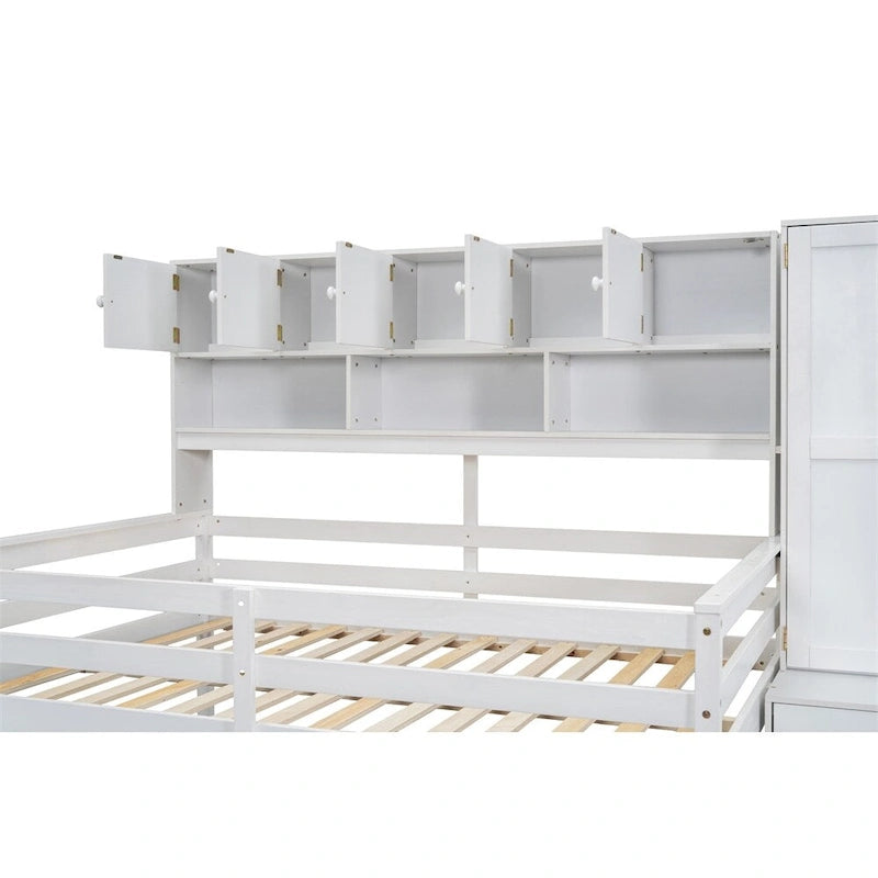 Full Size Wood Loft Bed with Rolling Desk, Wardrobe, Storage Staircase and Headboard Shelves, White Gray