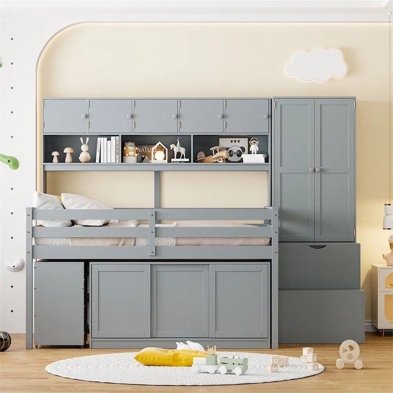 Full Size Wood Loft Bed with Rolling Desk, Wardrobe, Storage Staircase and Headboard Shelves, White Gray