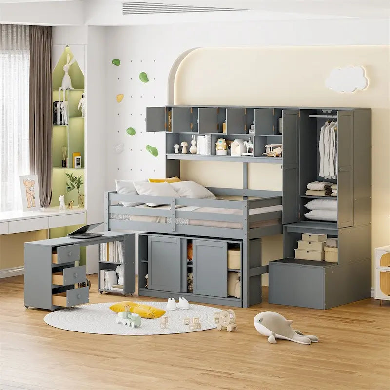 Full Size Wood Loft Bed with Rolling Desk, Wardrobe, Storage Staircase and Headboard Shelves, White Gray