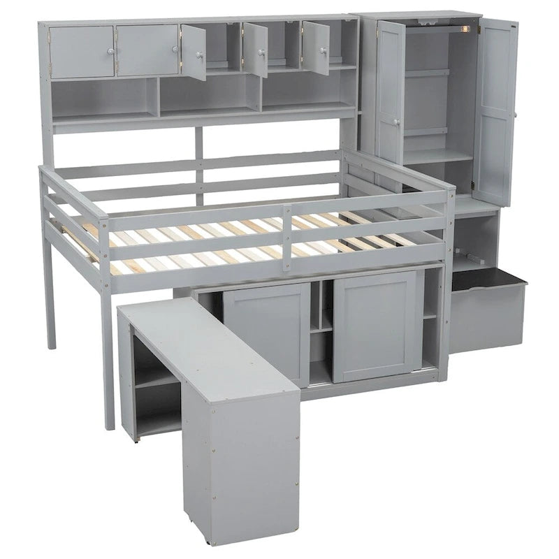 Full Size Wood Loft Bed with Rolling Desk, Wardrobe, Storage Staircase and Headboard Shelves, White Gray