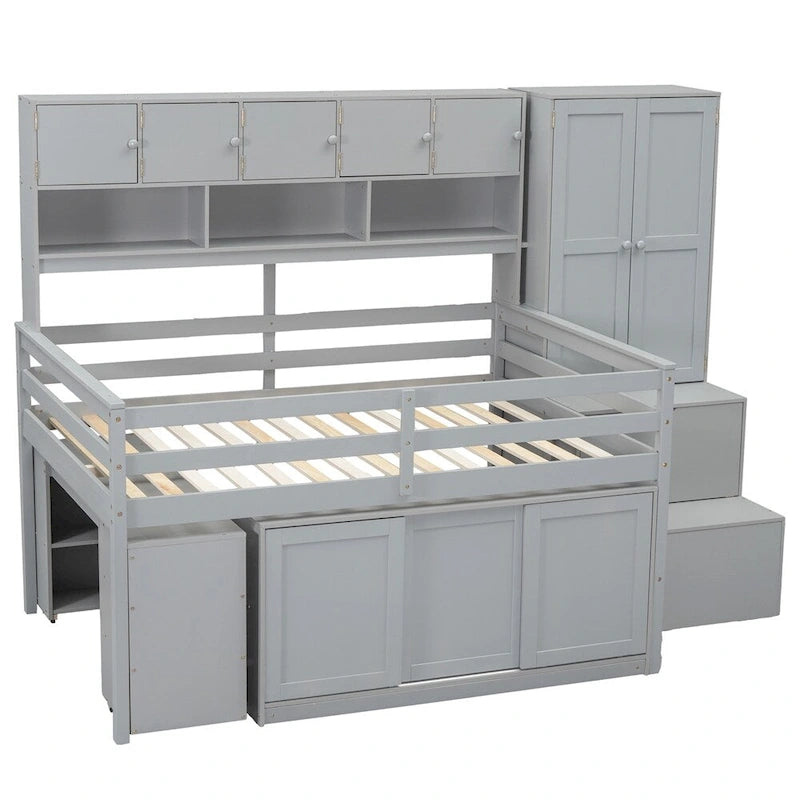 Full Size Wood Loft Bed with Rolling Desk, Wardrobe, Storage Staircase and Headboard Shelves, White Gray