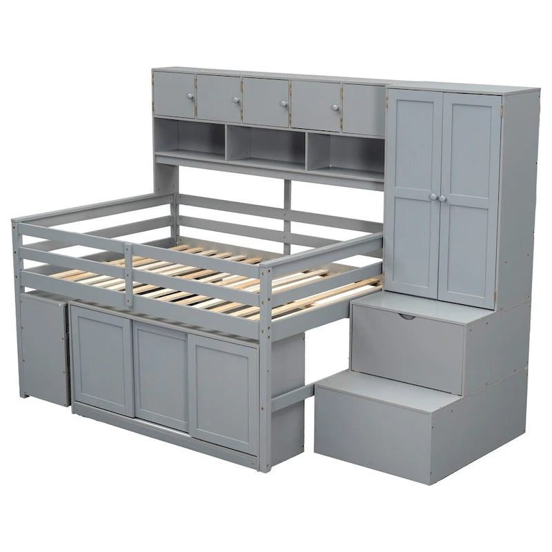 Full Size Wood Loft Bed with Rolling Desk, Wardrobe, Storage Staircase and Headboard Shelves, White Gray
