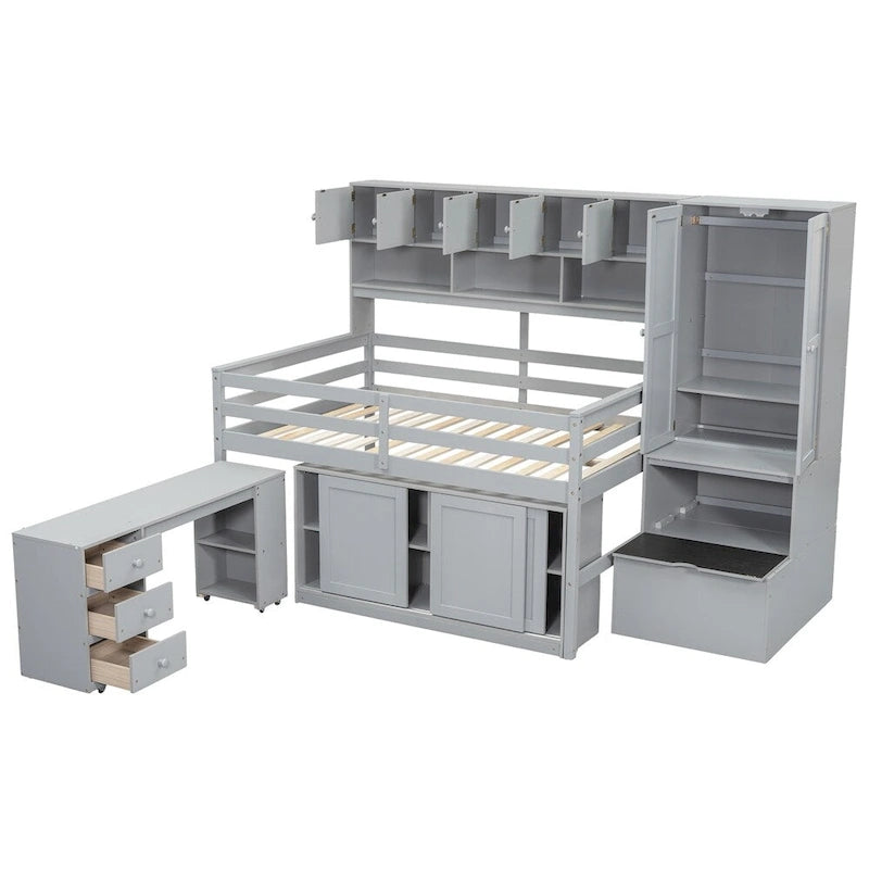 Full Size Wood Loft Bed with Rolling Desk, Wardrobe, Storage Staircase and Headboard Shelves, White Gray