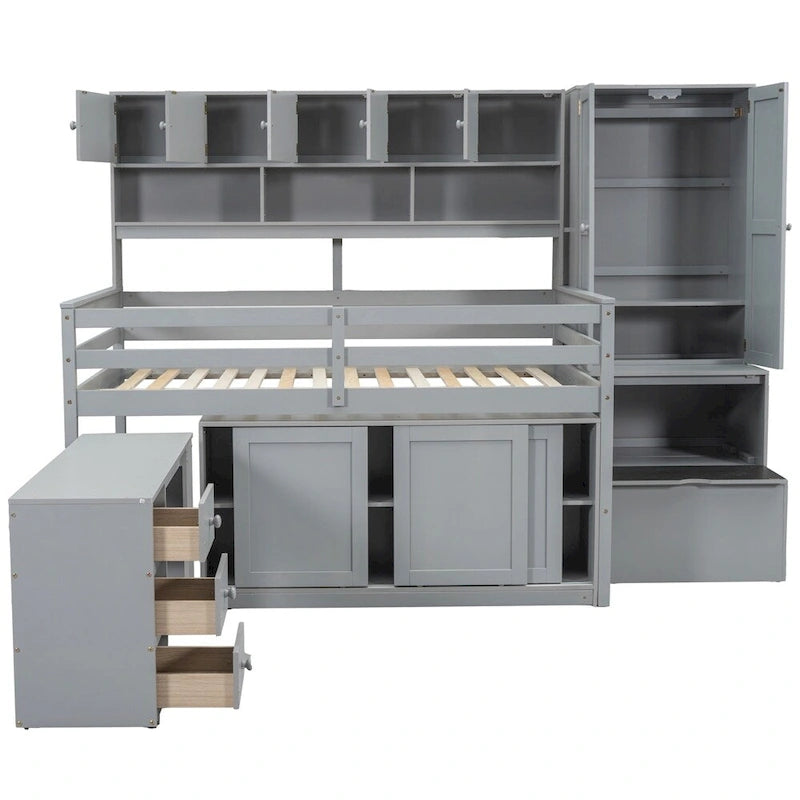 Full Size Wood Loft Bed with Rolling Desk, Wardrobe, Storage Staircase and Headboard Shelves, White Gray
