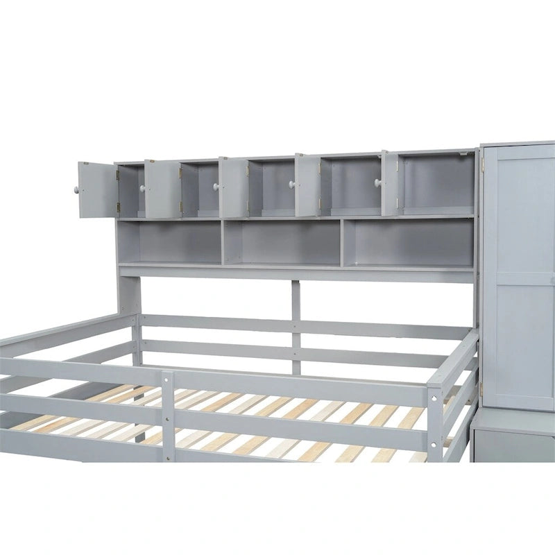 Full Size Wood Loft Bed with Rolling Desk, Wardrobe, Storage Staircase and Headboard Shelves, White Gray