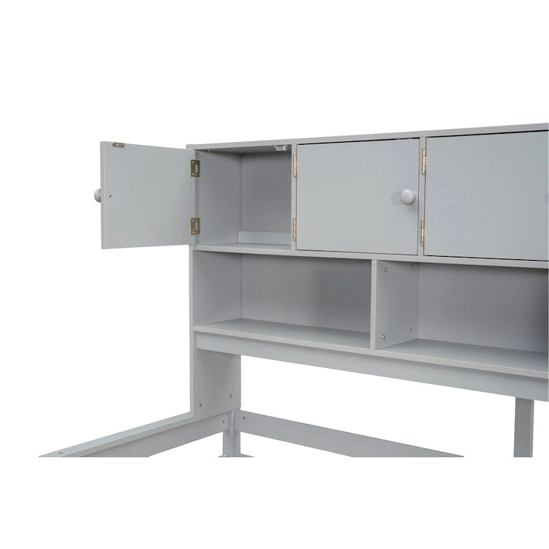 Full Size Wood Loft Bed with Rolling Desk, Wardrobe, Storage Staircase and Headboard Shelves, White Gray