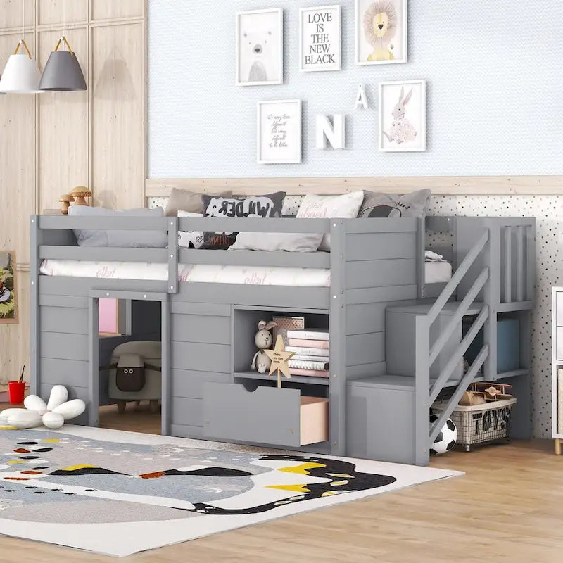 Solid Wood Low Loft Bed with Playhouse Structure, Staircase, Storage Drawer and Shelf, Gray