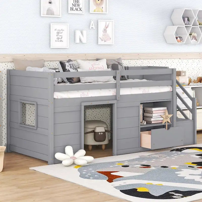 Solid Wood Low Loft Bed with Playhouse Structure, Staircase, Storage Drawer and Shelf, Gray