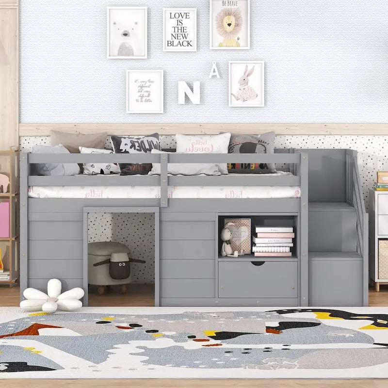 Solid Wood Low Loft Bed with Playhouse Structure, Staircase, Storage Drawer and Shelf, Gray