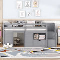 Solid Wood Low Loft Bed with Playhouse Structure, Staircase, Storage Drawer and Shelf, Gray