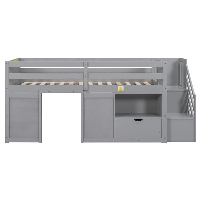Solid Wood Low Loft Bed with Playhouse Structure, Staircase, Storage Drawer and Shelf, Gray