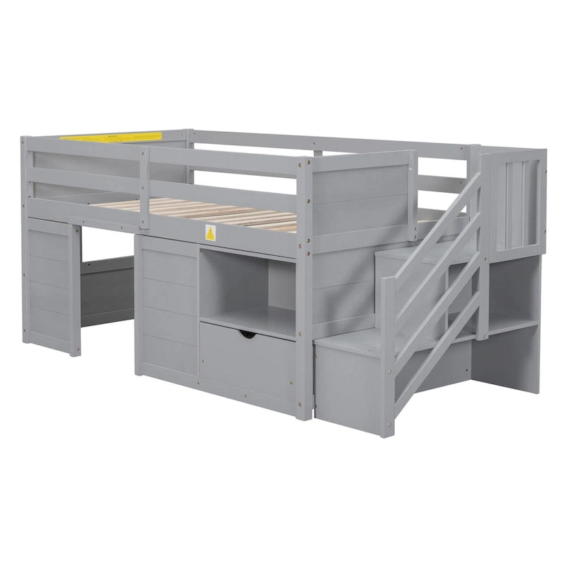 Solid Wood Low Loft Bed with Playhouse Structure, Staircase, Storage Drawer and Shelf, Gray